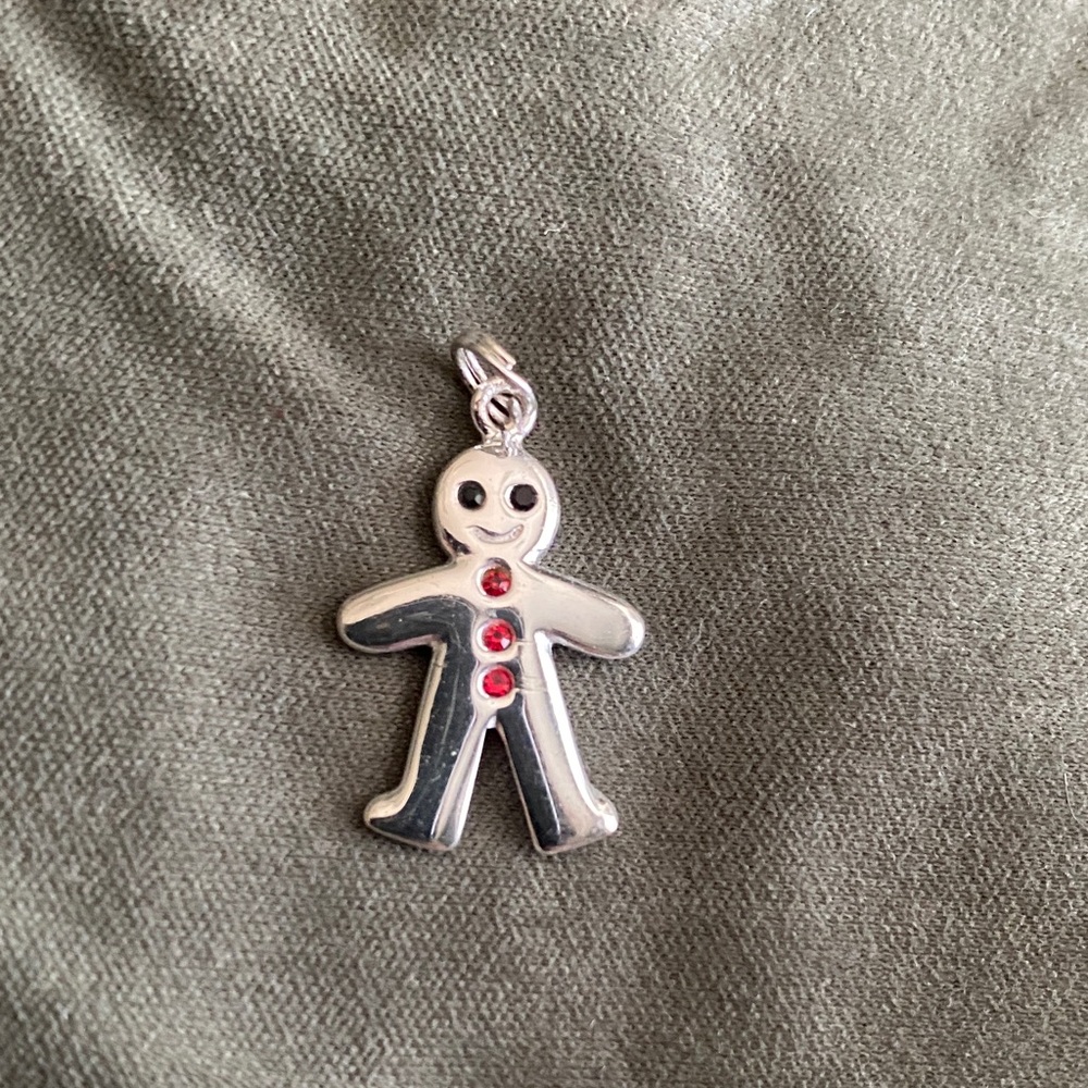 Sterling Silver 925 Gingerbread Man Pendant or charm with Red Accents